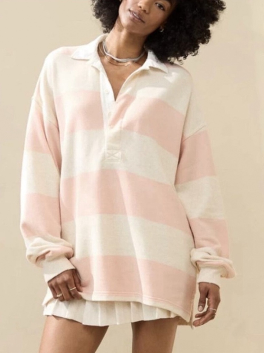 NWT- Aerie Prep Rally Rugby Sweatshirt Terry Pink Beige - OVERSIZED/BAGGY - XL
